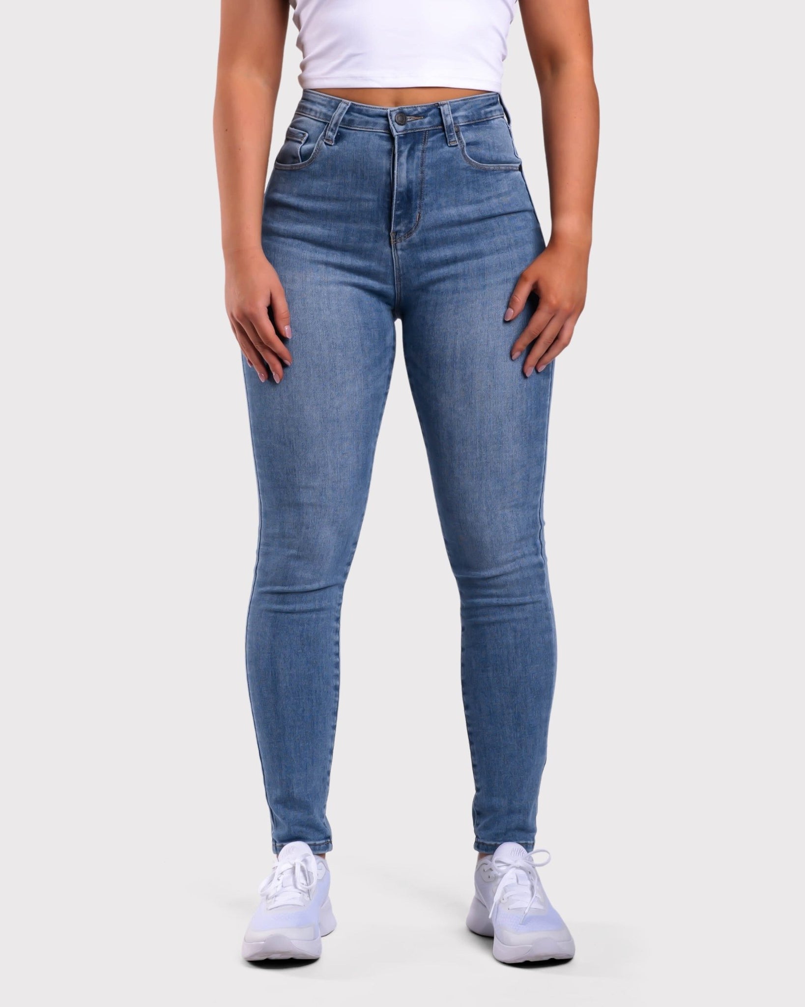 Dark Blue Skinny Jeans - Peach Tights -