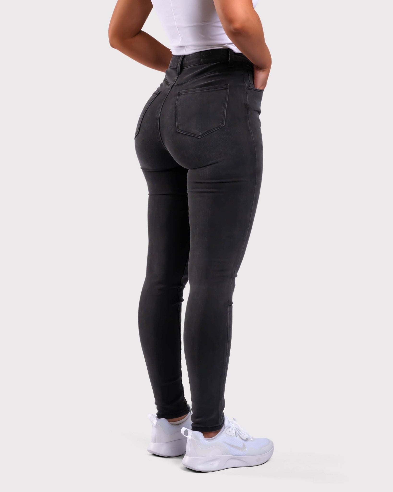 Dark Grey Skinny Jeans - Peach Tights -