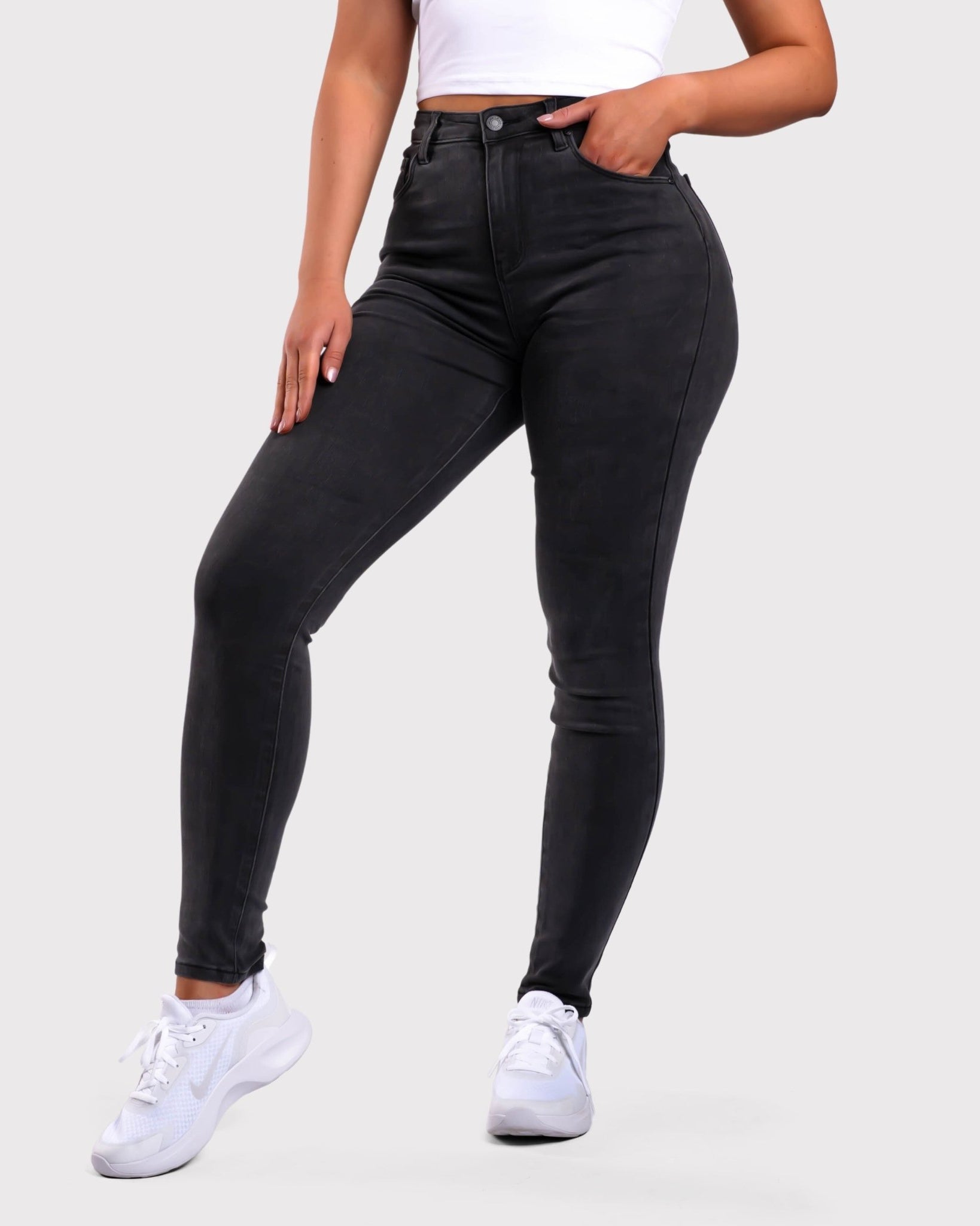 Dark Grey Skinny Jeans - Peach Tights -