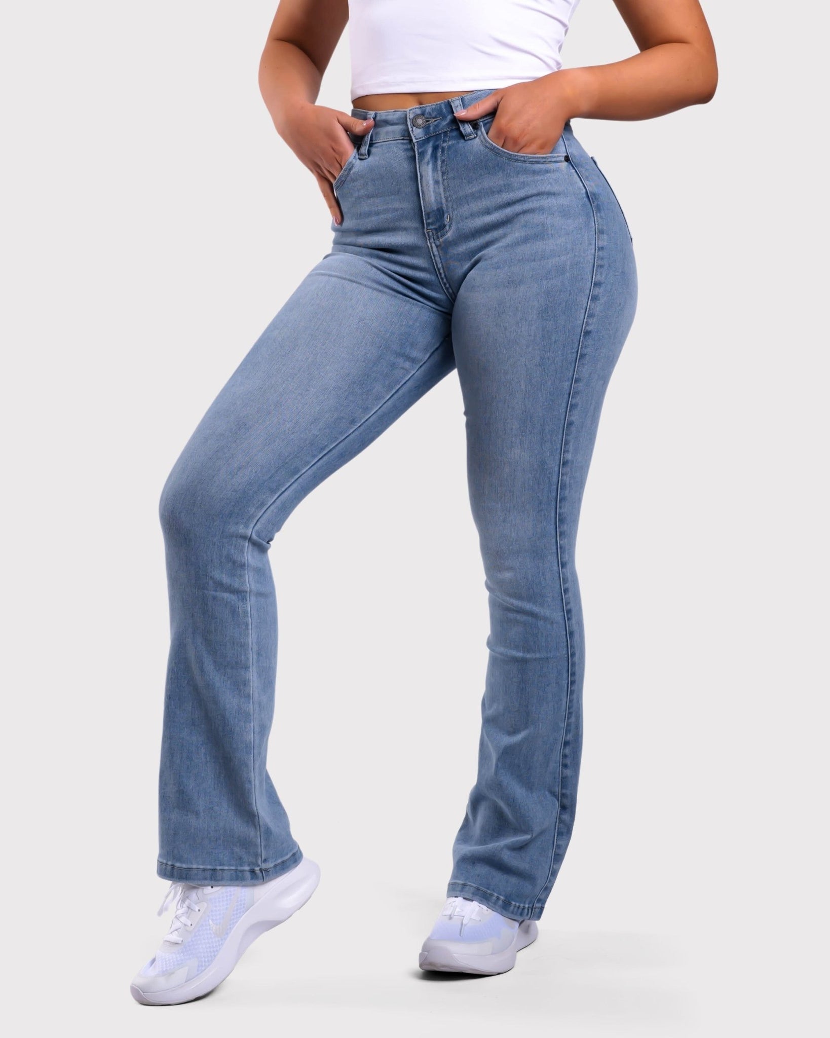 Light Blue Flared Jeans - Peach Tights -