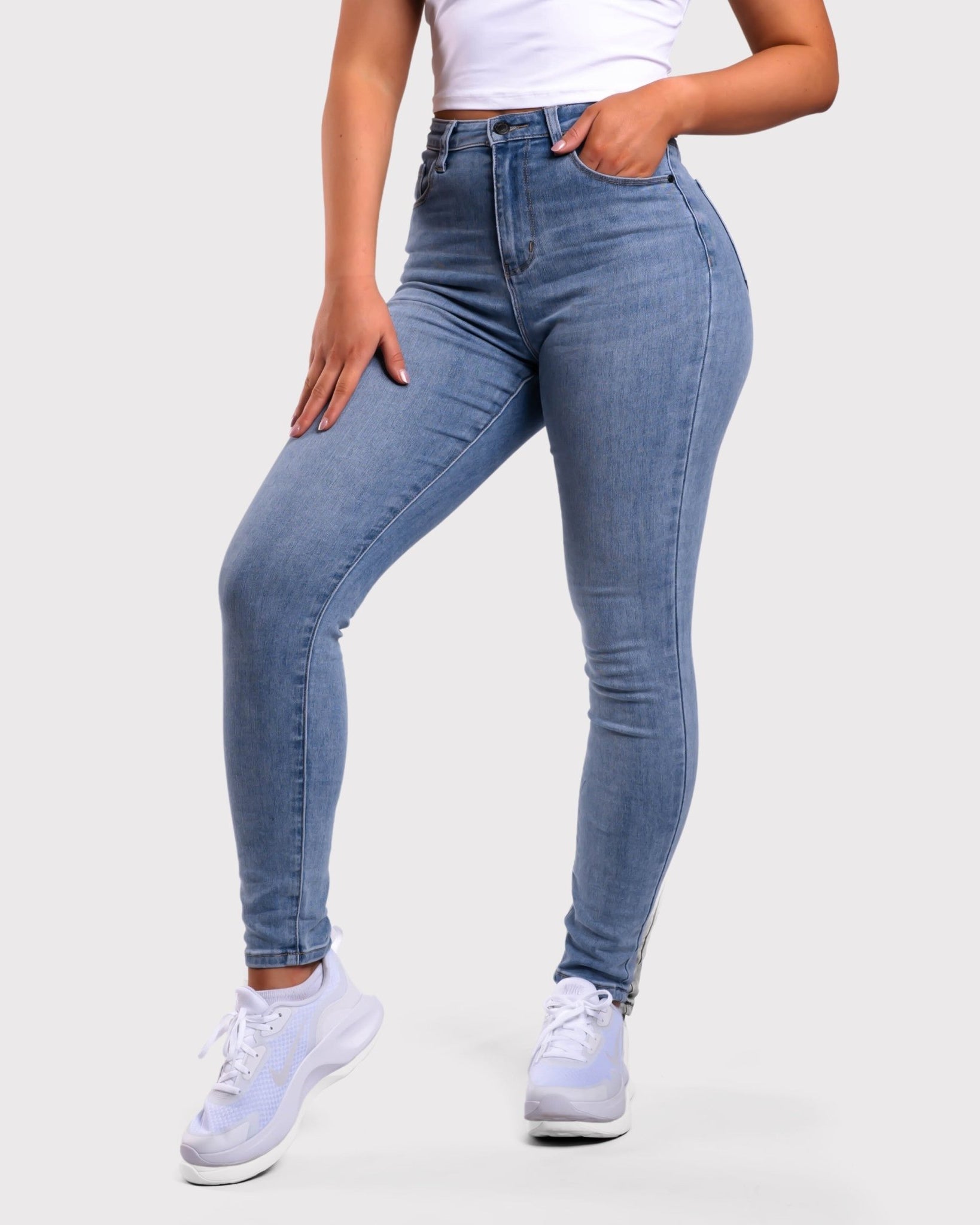 Light Blue Skinny Jeans - Peach Tights -