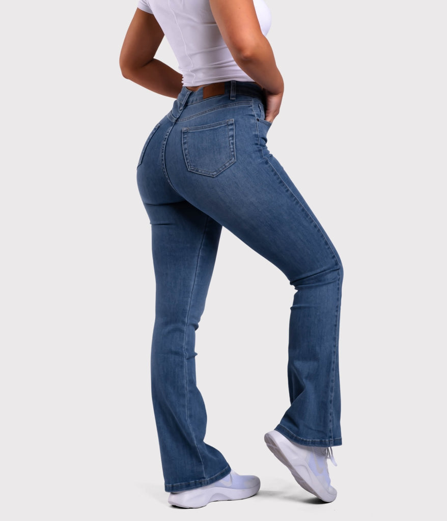 Dark Blue Flared Jeans - Peach Tights -