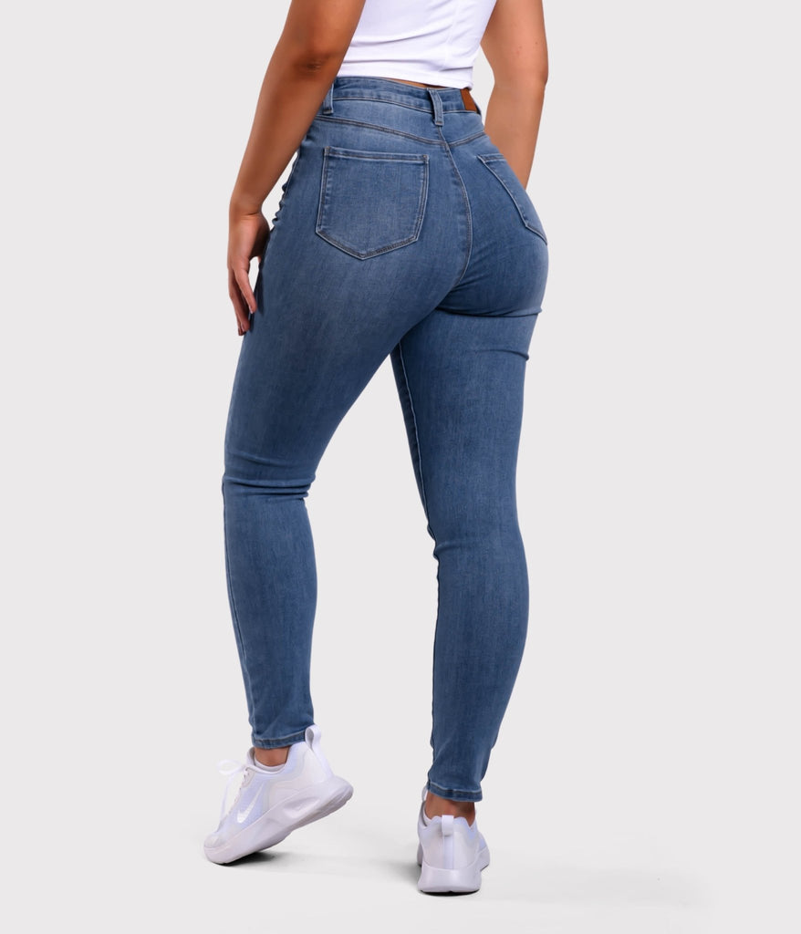 Dark Blue Skinny Jeans - Peach Tights -
