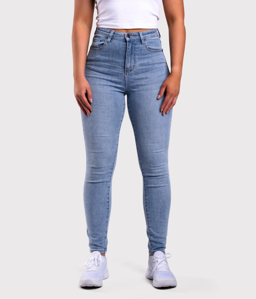 Light Blue Skinny Jeans - Peach Tights -
